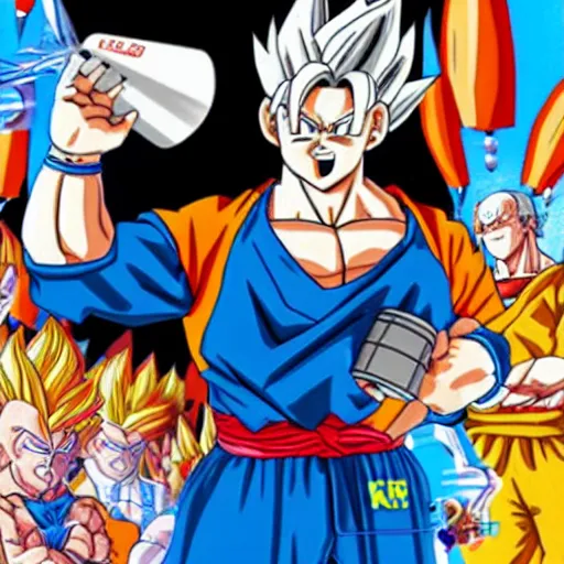 Image similar to goku dressed as colonel sanders using a ki blast to cook fried chicken