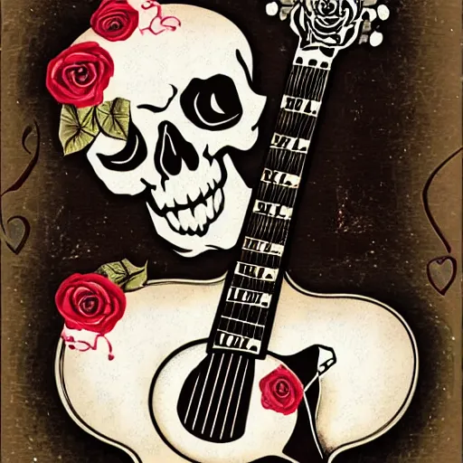 Prompt: skull and guitar and roses,