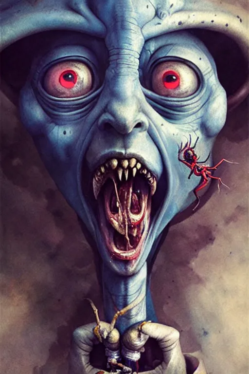 Image similar to hieronymus bosch, greg rutkowski, anna podedworna, painting of a blue skinned elf with spider arms and legs, bloody, screaming, high detail, extreme close up, insane face