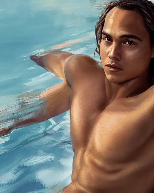 Prompt: frank dillane as a lifeguard in a courtyard, intricate braided hair, muscular figure, soft lighting, highly detailed face, sharp focus, artstation, dnd, sophie anderson, arnold armitage, loish