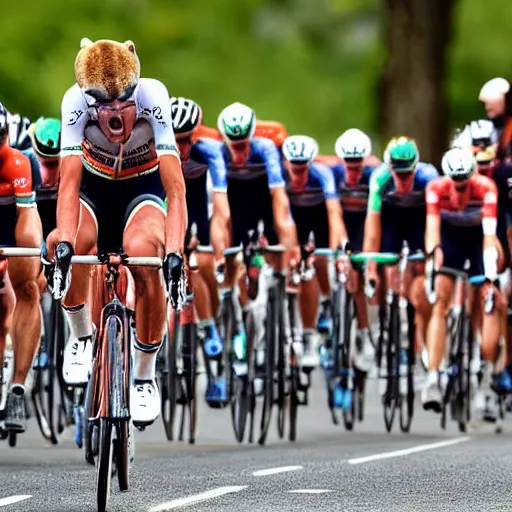 Prompt: bears, ostriches, and kangaroos competing in the Tour de France, sports photography