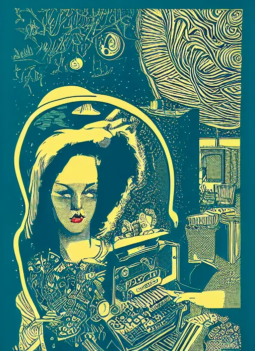 Image similar to A wandering mind, intrusive thoughts, screen print, art by Chuck Sperry, vintage 1960s print, minamilst