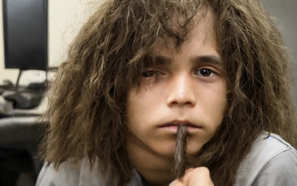 Prompt: a boy with long hair locked up in prison while playing video games photo realistic renato corsini