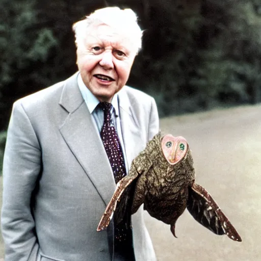 Prompt: Sir David Attenborough holding Mothman