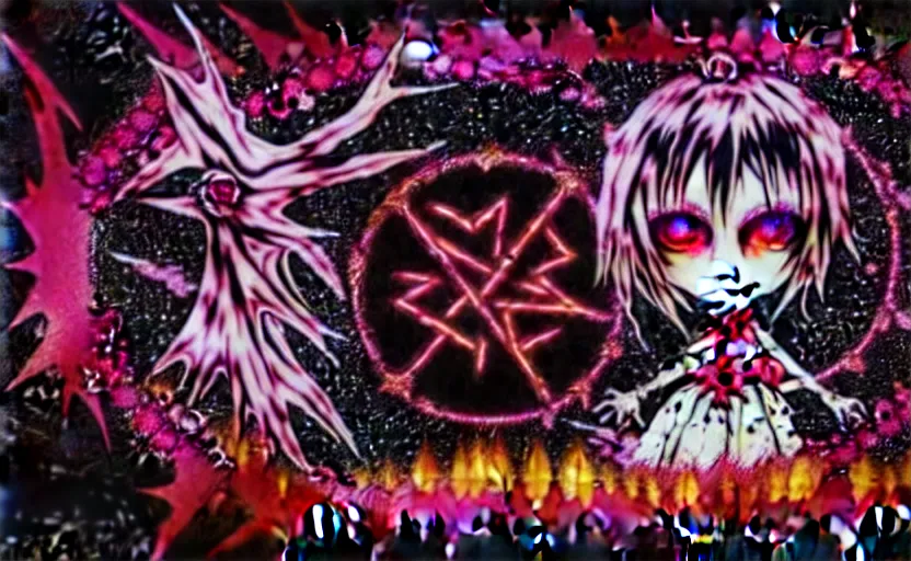 Image similar to spiked bloodmoon sigil stars draincore, goregrind album cover, baroque bedazzled gothic royalty frames surrounding a hellfire hexed witchcore aesthetic, dark vhs broken hearts, neon glyphs spiked pixelsort fairy kei decora doll by guro manga artist shintaro kago