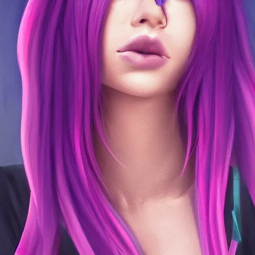 Image similar to a stunning upper body portrait of a beautiful woman with ombre purple and pink hair blowing in the wind by marvel comics, digital art, trending on artstation