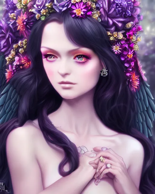 Prompt: dark angel in beatiful dress surrounded by dark flowers and diamonds, very detailed, realistic face, detailed face, matte, tonemapping, bbwchan, perfection, 4 k, cushart krenz