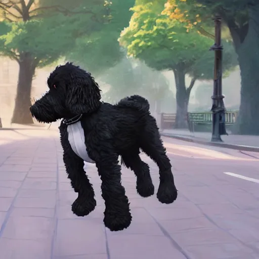 Image similar to a wholesome animation key shot of a black bernedoodle puppy riding a bike in paris, studio ghibli, pixar and disney painting, sharp, rendered in unreal engine 5, key art by greg rutkowski, bloom, dramatic lighting