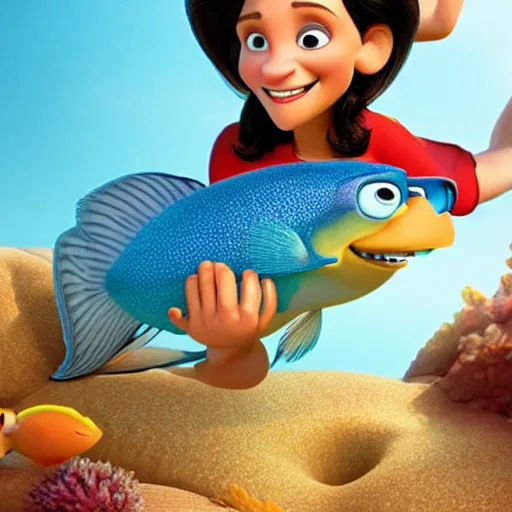 Image similar to julia louis dreyfus as a pixar character with a fish!!! body, 3 d, octane render