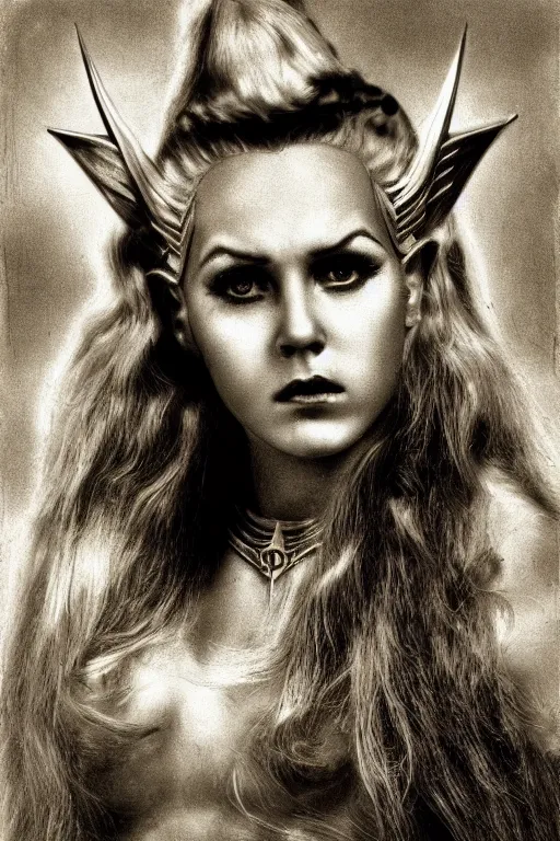 Prompt: she - ra, blonde hair, portrait, full body, symmetrical features, silver iodide, 1 8 8 0 photograph, sepia tone, aged paper, sergio leone, master prime lenses, cinematic