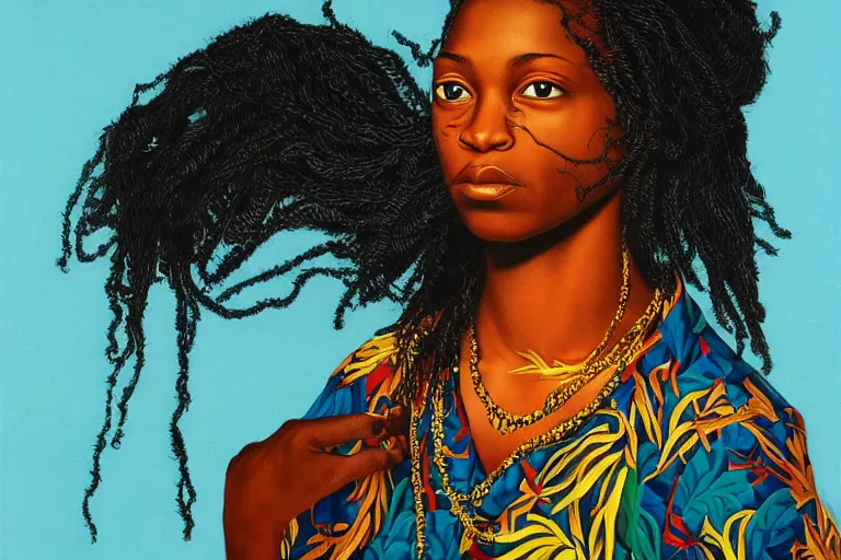 Prompt: a girl adventurer with iridescent skin by kehinde wiley