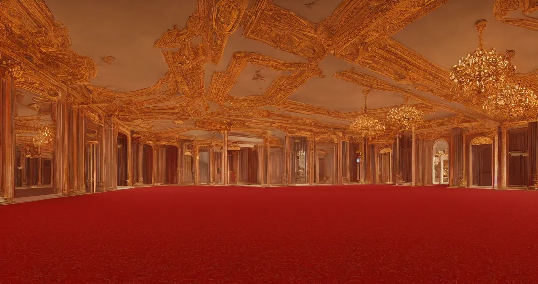 Prompt: Palace ballroom, perfect interior design, red colors, Traditional-interior-lighting, park-view, perfect-design, style of Louis Kahn, 4k, wide-perspective, grand-composition, concept-art, highly-detailed, sublime, dramatic, cinematic, octane