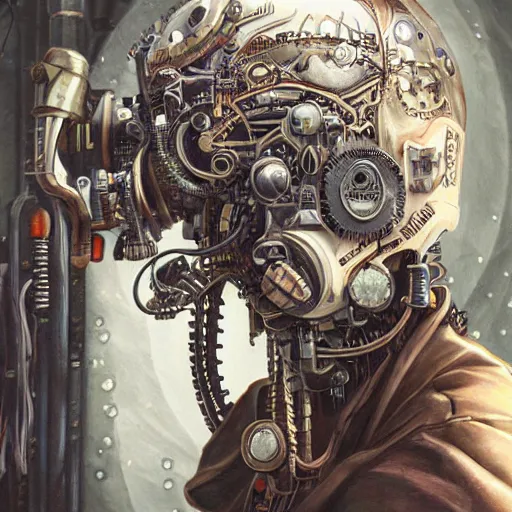 Prompt: portrait painting of a steampunk cyborg drug addict, transhumanism, ultra realistic, concept art, studio ghibli, intricate details, eerie highly detailed