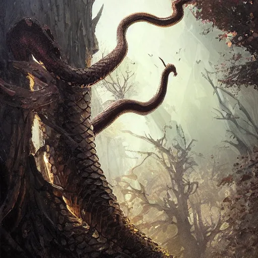 Prompt: a tree in the shape of a snake, by greg rutkowski, magic the gathering, highly detailed