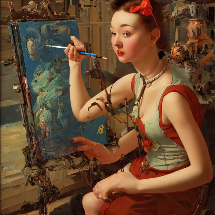 Image similar to robot artist painting a self - portrait on a canvas. intricate, highly detailed, digital matte painting, in the style of sachin teng, and in the style of hans thoma, and in the style of gil elvgren. irony, recursion, inspiration.