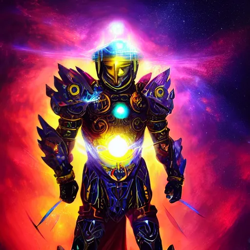 Image similar to photorealistic fantasy cosmic concept art of a cosmic god with armor made out of planets and dark matter, hovering in a unknown galaxy, fully body portrait, cinematic, dynamic lighting, ultra detailed, creative, trending on art station, stunning visuals, creative