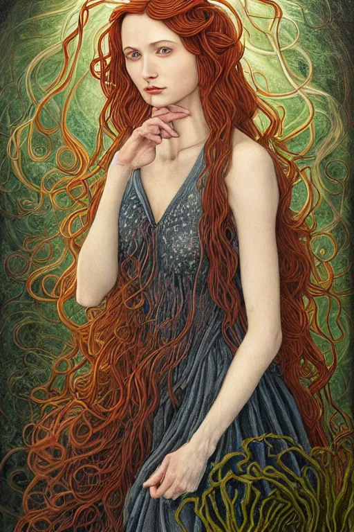 Image similar to portrait of a cottagecore young female wizard in flowing sensual dress, arrogant, long fine flowing hair, delicate, looking at camera, slight nerdy awkward smile, realistic face, stylish, elegant, grimdark fantasy, flowers, extremely detailed painting inspired by Gerald Brom and Ernst Haeckel and Sandro Botticelli, studio lighting