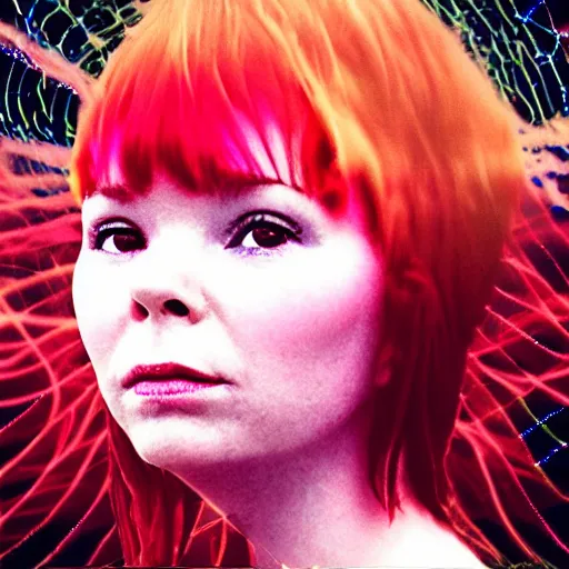 Image similar to “music album cover Bjork style redhead girl in a magic forest glitch noise pixelsorting RGB shift high resolution”