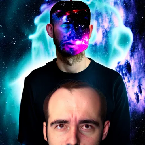 Image similar to an ultraealistic portrait of a man with space nebulaes replacing his face