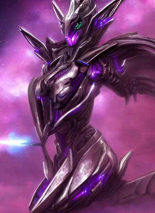 Prompt: cinematic goddess closeshot, cosmic size beautiful stunning hot giant robot mecha female dragon, sharp cyborg dragon head, metal ears, led purple eyes, smooth fuschia skin, smooth silver armor, in space, epic proportions, macro, epic size, epic scale, furry art, dragon art, giantess art, warframe fanart, furaffinity, octane