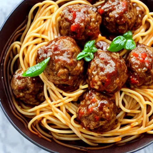 Image similar to dinosaurs in a bowl of spaghetti and meatballs