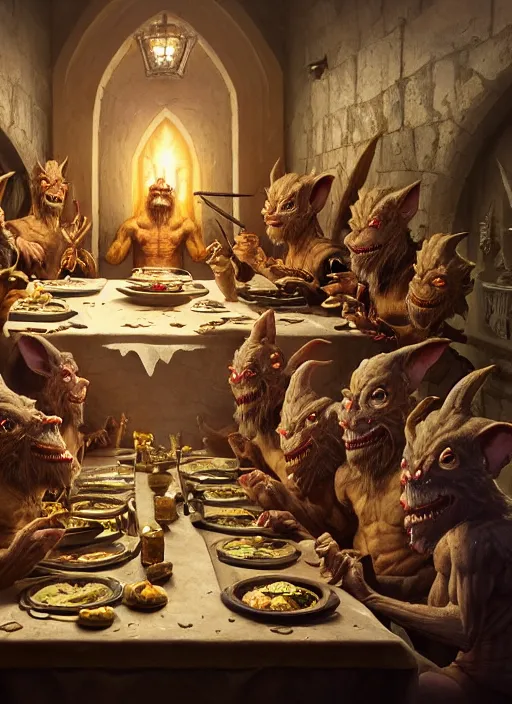 Prompt: highly detailed closeup group portrait of medieval goblins having a banquet, stephen bliss, unreal engine, greg rutkowski, ilya kuvshinov, ross draws, hyung tae and frank frazetta, tom bagshaw, tom whalen, nicoletta ceccoli, mark ryden, earl norem, global illumination, god rays, detailed and intricate environment