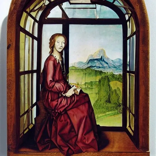 Prompt: A beautiful sculpture of a woman with long curly hair, wearing a white dress and sitting in a chair in front of a window with a view of a mountainside. neo-expressionism by Albrecht Dürer artificial