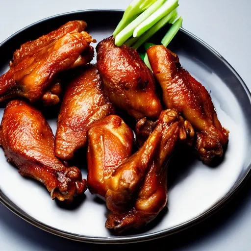 Image similar to chicken wings on a beautifull plate, food photography, studio lighting