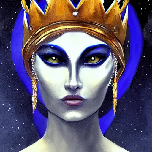 Prompt: Artemixel, the modern reincarnation of the old selenium god of hunt, also known as Artemis the Selene, carrying the celebrated Crown of the Crescent Moon, wich its usual bright and slightly bluish crescent like the brightness of the night. Portrait, sophisticated, by trending on Artstation