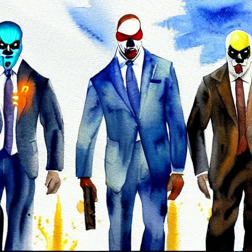 Prompt: A watercolor painting of Dallas from Payday 2, Jerma, JC Denton and Dwayne The Rock Johnson walking down a road. The sun is rising in the back, trending on artstation, very detailed