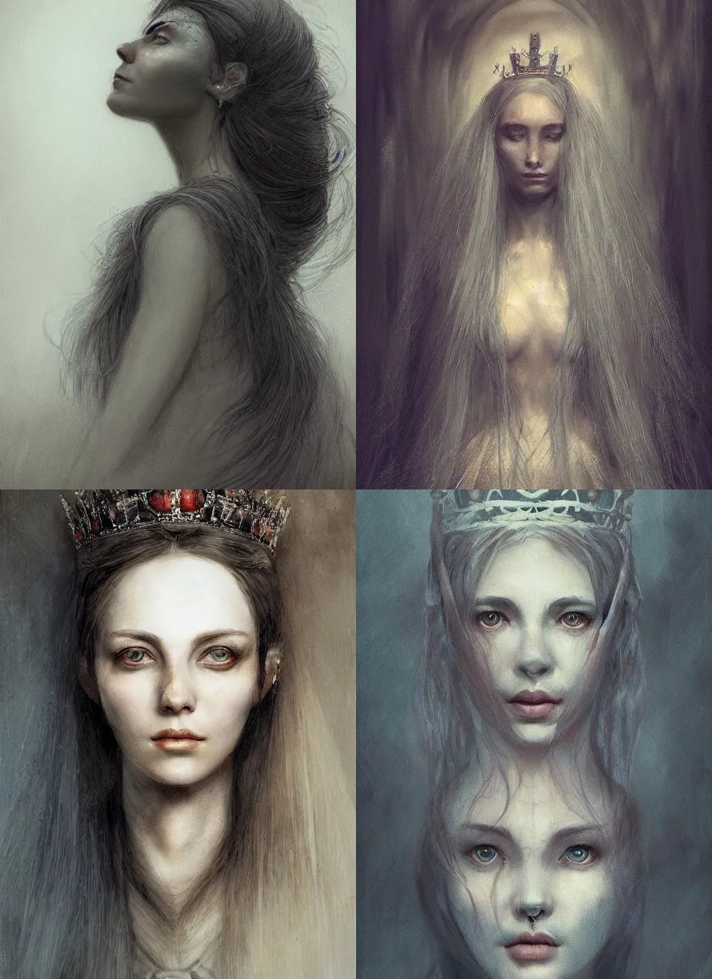 Prompt: portrait of a queen with long hairs in alan lee and marc simonetti and emil melmoth style , cinematic lighting