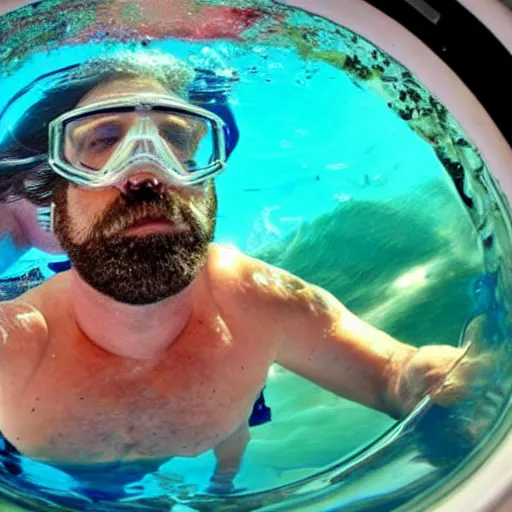 Prompt: tiny bearded mullet man snorkeling inside washing machine, gopro still, detailed, 4k