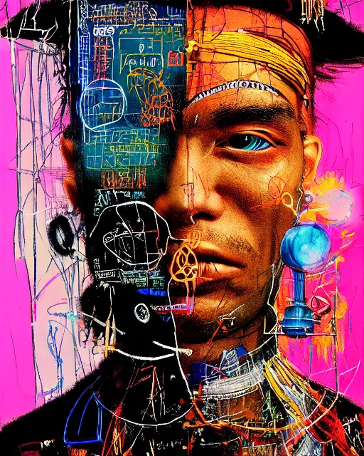 Prompt: a cyberpunk portrait of a pirate by jean - michel basquiat, by hayao miyazaki by artgerm, highly detailed, sacred geometry, mathematics, snake, geometry, cyberpunk, vibrant, water