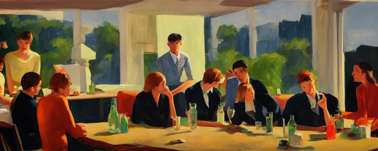 Image similar to a group of gen z friends sitting around talking about climate change while drinking old fashions, in the style of an edward hopper painting