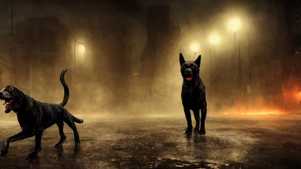 Prompt: monster black dog, eldritch, horror, 8K, concept art, filmic, HDR, hyperrealism, volumetric lighting, Dark art