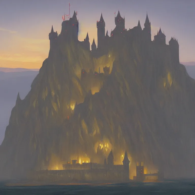 Image similar to large castle with towers by Wayne Barlow and catapults at dawn heading to the iceberg, highly detailed, painted by Edward Hopper, trending on artstation