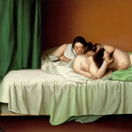 Image similar to two women sleeping in a white bed with green bedsheets in a room with light green walls, two women try to sleep while an anxious chihuahua looms above them, detailed oil painting