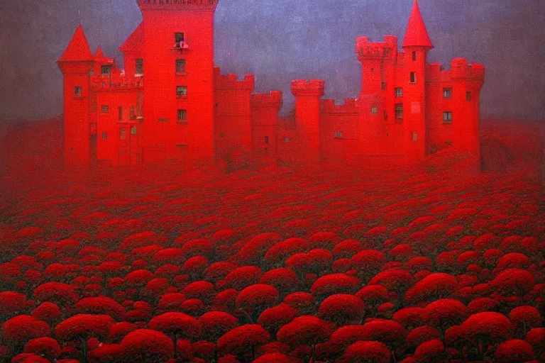 Image similar to only with red, red flowers of different types, a red tiger, a castle in the background, medieval demons dance over the flowers, an ancient path, in the style of beksinski, part by hopper, part by rodcenko, part by hofbauer, intricate composition, red by caravaggio, insanely quality, highly detailed, masterpiece, red light, artstation