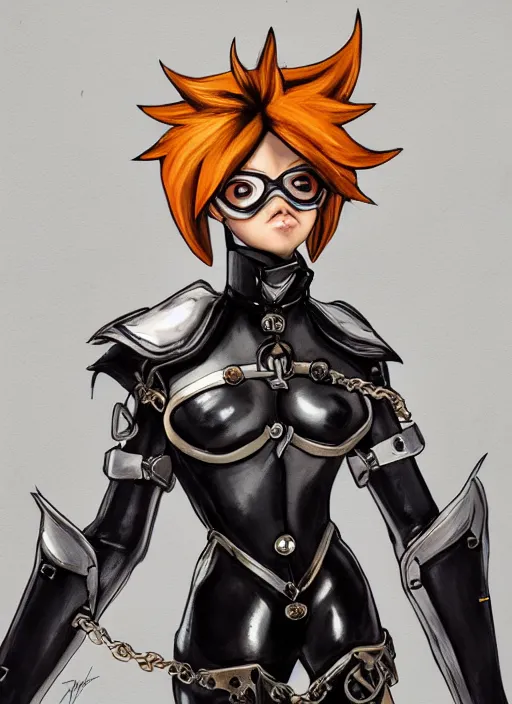 Image similar to full body of tracer overwatch, angel wings, dramatic painting, symmetrical composition, wearing detailed leather collar, black shiny armor, chains, black harness, detailed face and eyes,