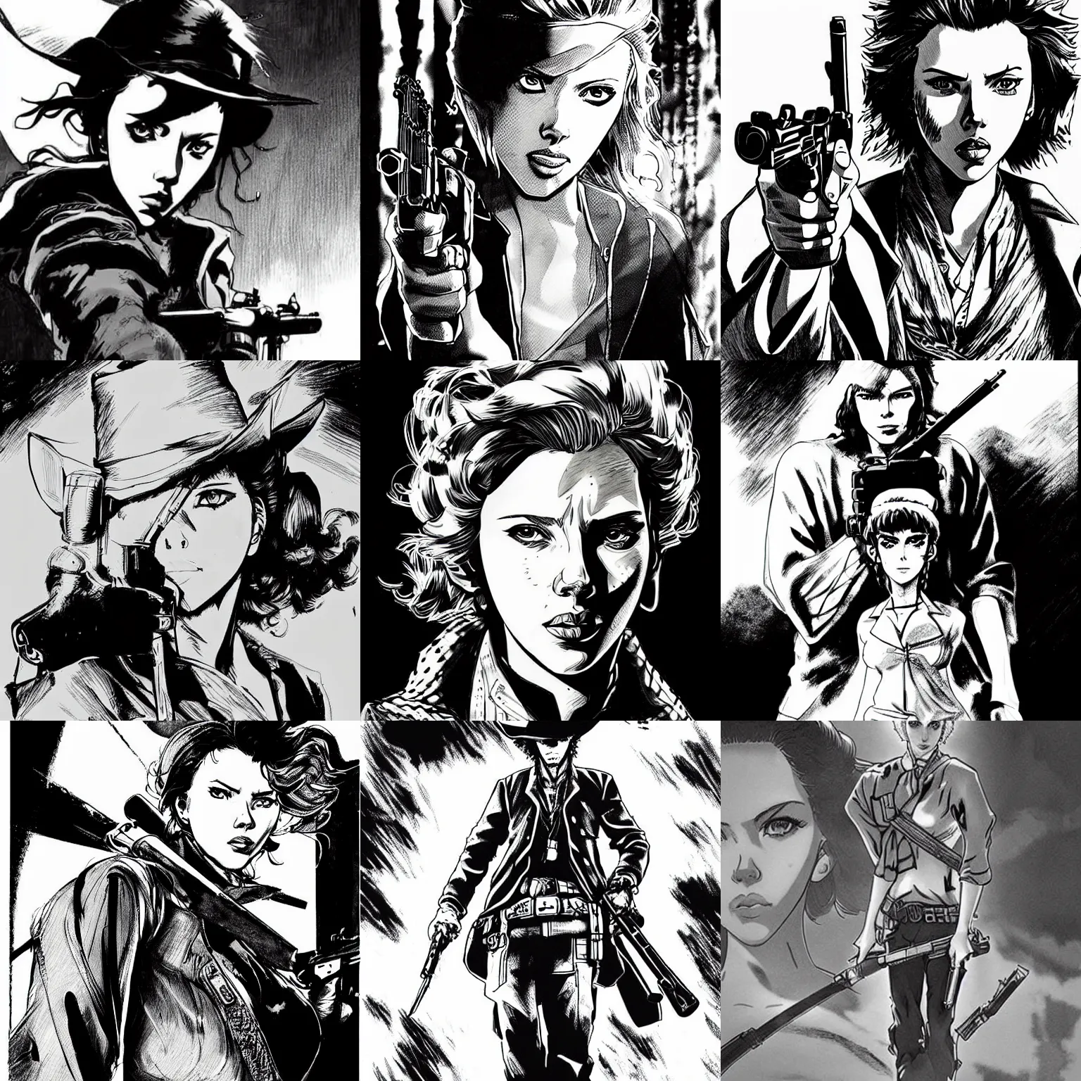 Prompt: scarlett johansson as a gunslinger clint eastwood in afro samurai manga style, pencil and ink, walking the wild west wastelands