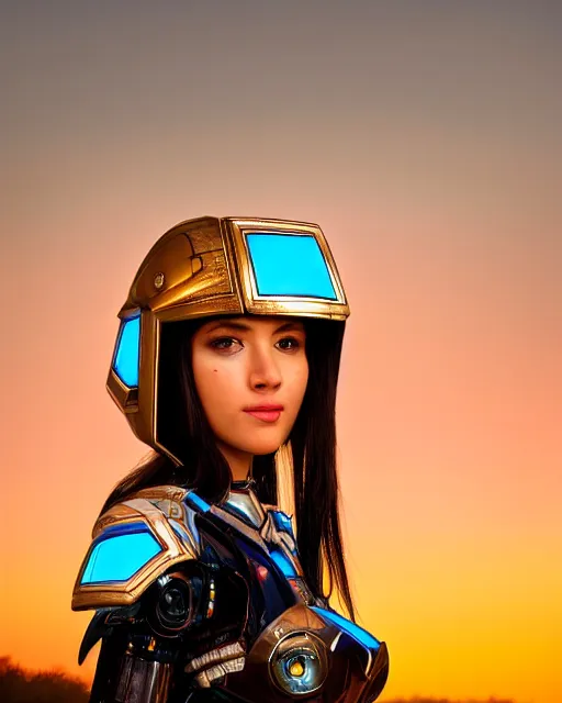 Image similar to centered medium shot fine studio photograph of a beautiful girl wearing only a mecha electronic native American indian helmet with bright lights, ultra-realistic, white background, 8k HDR sunset lit, intricate