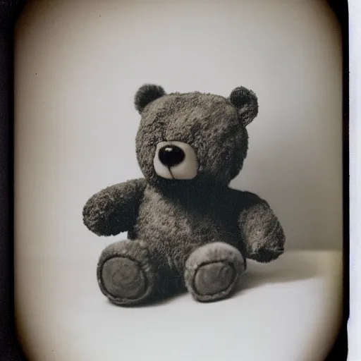 Prompt: a very beautiful old polaroid picture of a creepy teddy bear in a bedroom, award winning photography