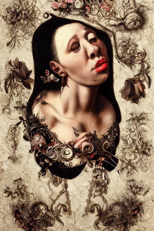 Prompt: Detailed maximalist portrait with large lips and with large, wide eyes, sad expression, HD mixed media, 3D collage, highly detailed and intricate, surreal, bone extra hands, illustration in the style of Caravaggio, dark art, baroque