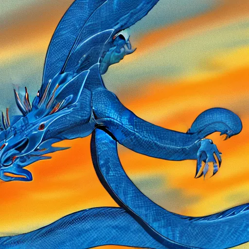 Prompt: blue serpent dragon flying through the sky, sunrise, 8k,