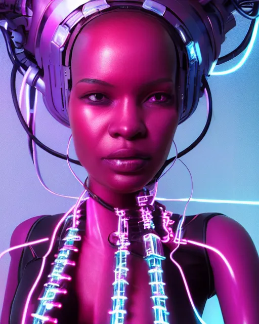 Image similar to portrait of a beautiful black woman with pink hair as a cyberpunk cyborg half robot, revealing wires and electronics, hooked - up, sci - fi, missing panels, intricate abstract upper body intricate artwork, concept art, octane render, deviantart, cinematic, key art, hyperrealism, iridescent accents, portrait photograph, nikon 3 5 mm, photograph by greg rutkowski
