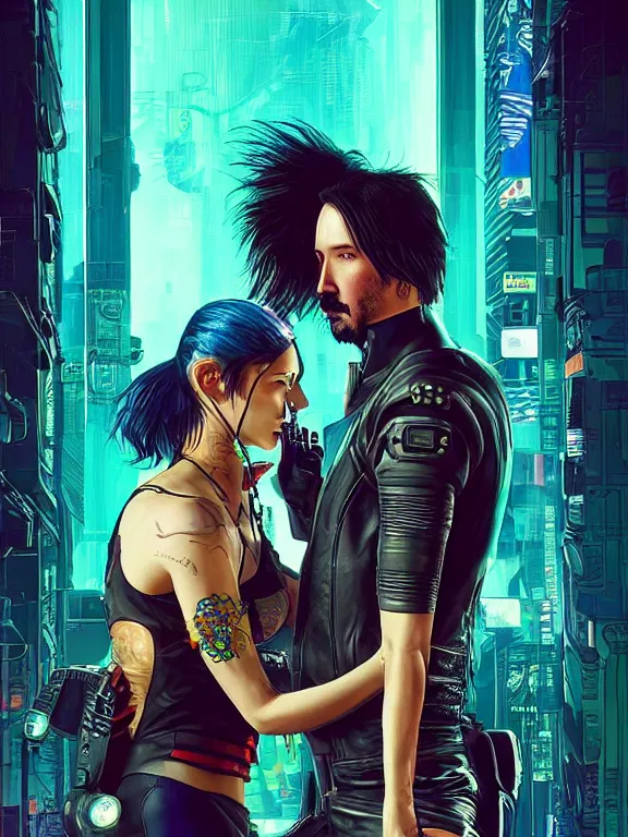 Prompt: a cyberpunk 2077 couple portrait of Keanu Reeves and V began a love story used lots of electric cable connected to giant computer,film lighting,by laurie greasley,Lawrence Alma-Tadema,William Morris,Dan Mumford,trending on atrstation,FAN ART,full of color,Digital painting,face enhance,highly detailed,8K, octane,golden ratio,cinematic lighting