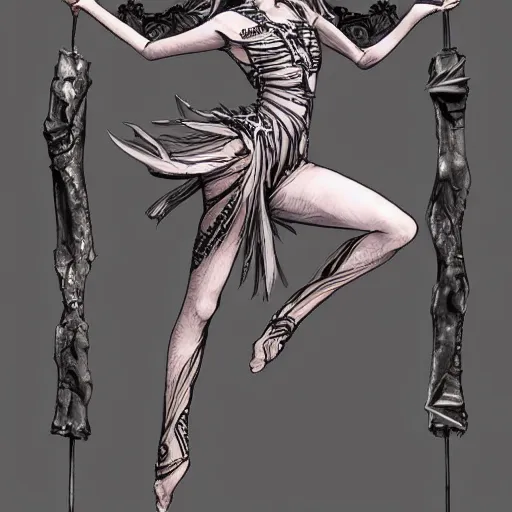 Image similar to aerial dancer in city of skeletons by ueshiba riichi illustration, highly detailed dress, concept art