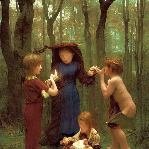 Image similar to an eerie, realistic illustration of a full-sized witch\'s gingerbread house covered in candy in the middle of dark and twisted woods, being visited by a poor waif brother and sister eating the candy, by Bouguereau, John William Waterhouse and Thomas Kincade