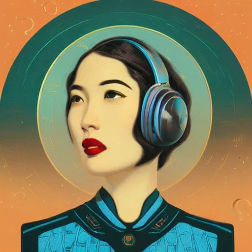 Prompt: intricate, amazing, art deco, retro vintage, painting by natelle quek, soft color palette, highly detailed, godess with headphones from space sci - fi of ancient religion