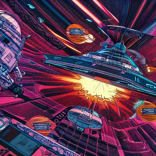 Prompt: intricate comic book panel of a ship in hyperspace by dan mumford and yusuke murata, 8k, cel shaded, volumetric light, unreal engine, featured on artstation
